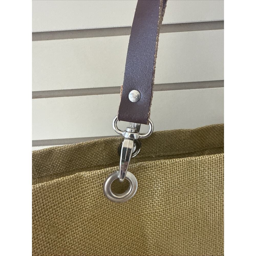 Natural Burlap Jute Tote Bag w/leather handles 17x7x12" M On The Front - Picture 3 of 8